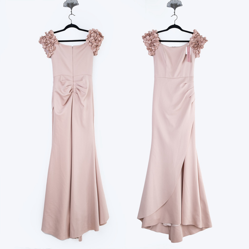 NWT AQUA Embellished Sleeve Gown Maxi Dress Ruffle Crepe Dusty Pink - Size 2 - Picture 3 of 12